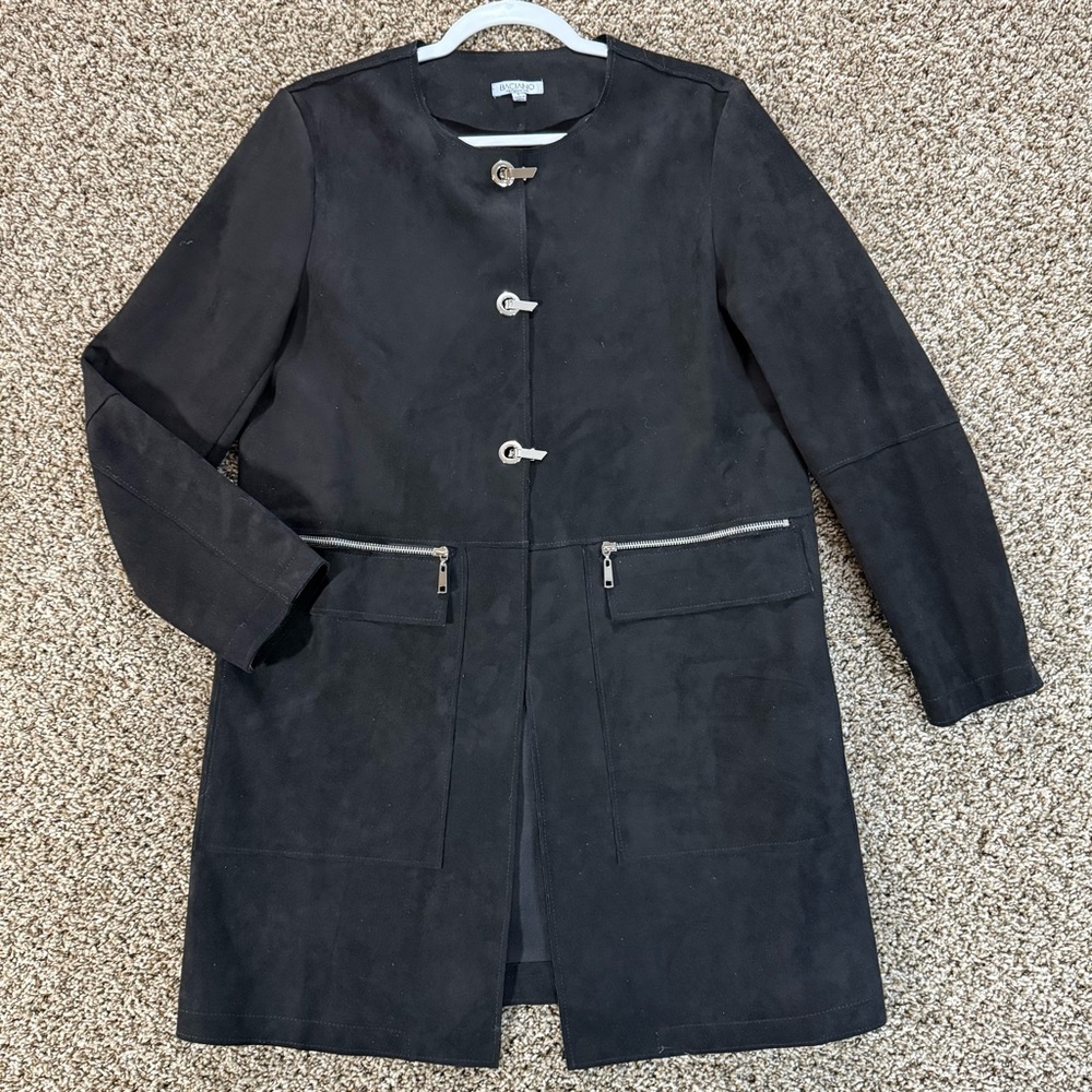 Baciano Faux Suede Women’s Size Large Black‎ Hook Eye Closure Jacket Pockets